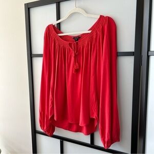 [M] NWT RW&CO Softest Red 100% Viscose Long Sleeve Puff Cuff Blouse With Tassles